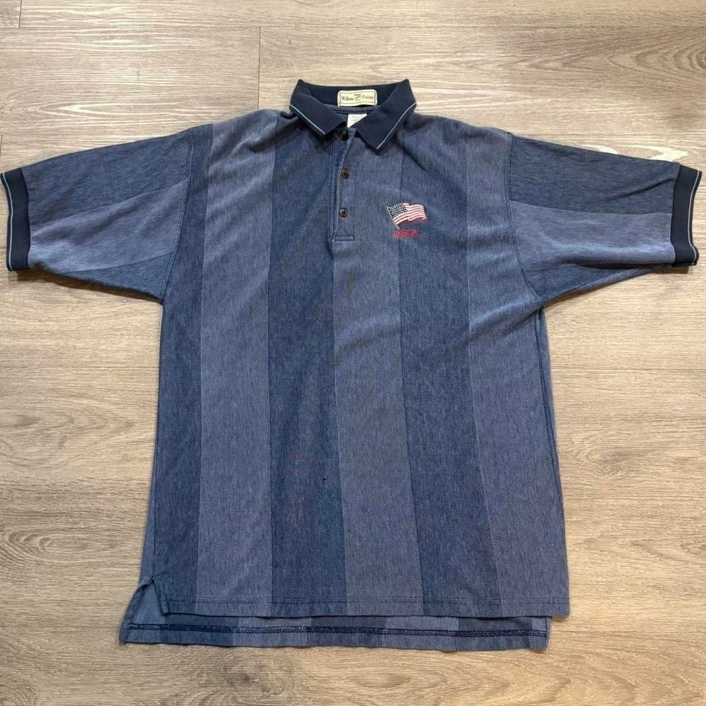 Vintage 90s Willow Pointe USA Flag Polo Shirt XL Navy Vertical Stripe Fade